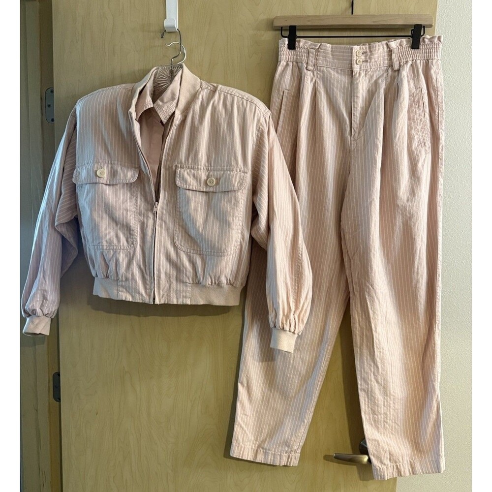 Liz Sport 80s 3-Piece Pink Striped Bomber Jacket W/ Pleated Pant Size Small